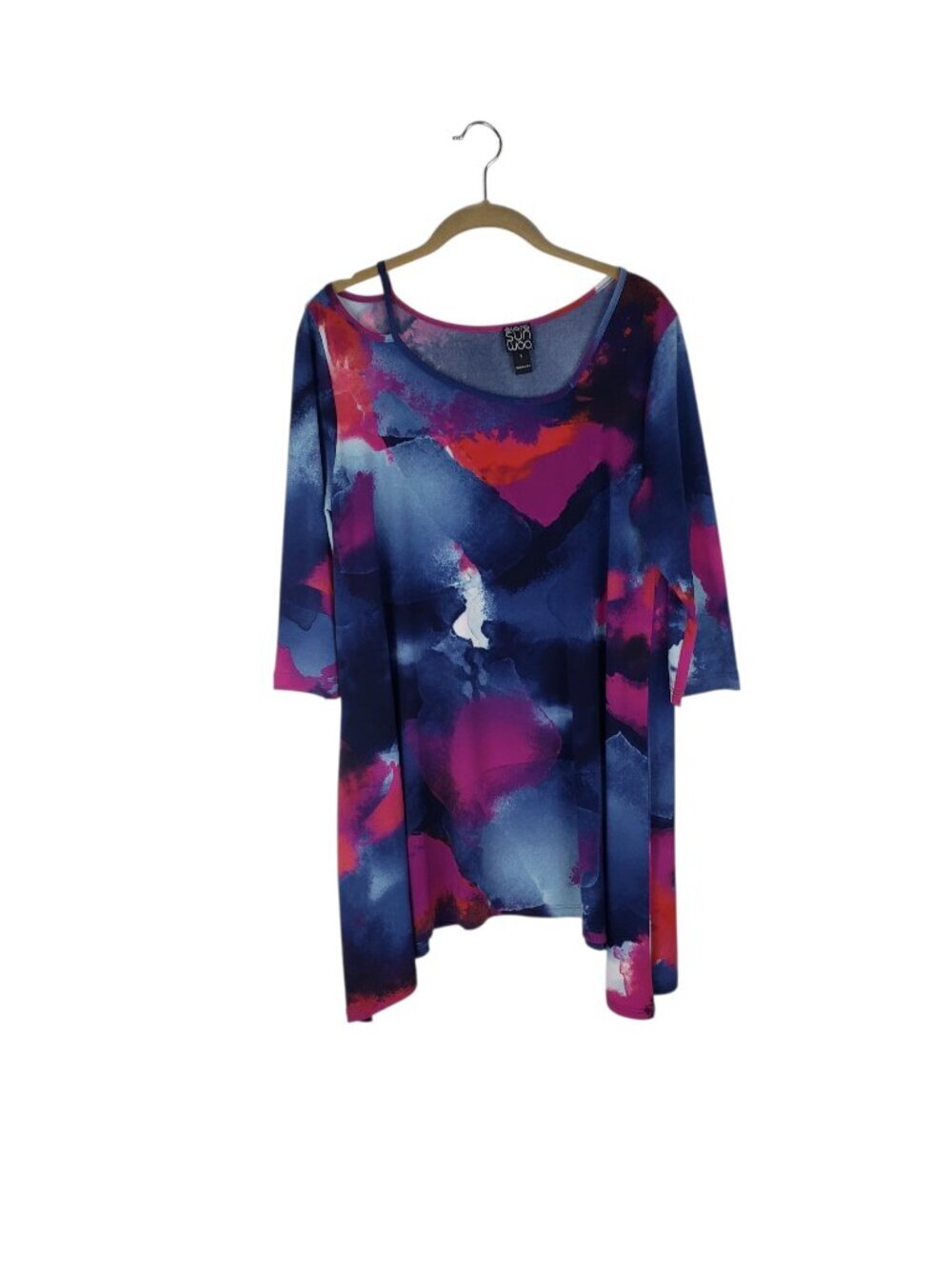Clara Sunwoo Asymmetrical Neck 3/4 Sleeve Tunic Top Watercolor Blue Womens Small